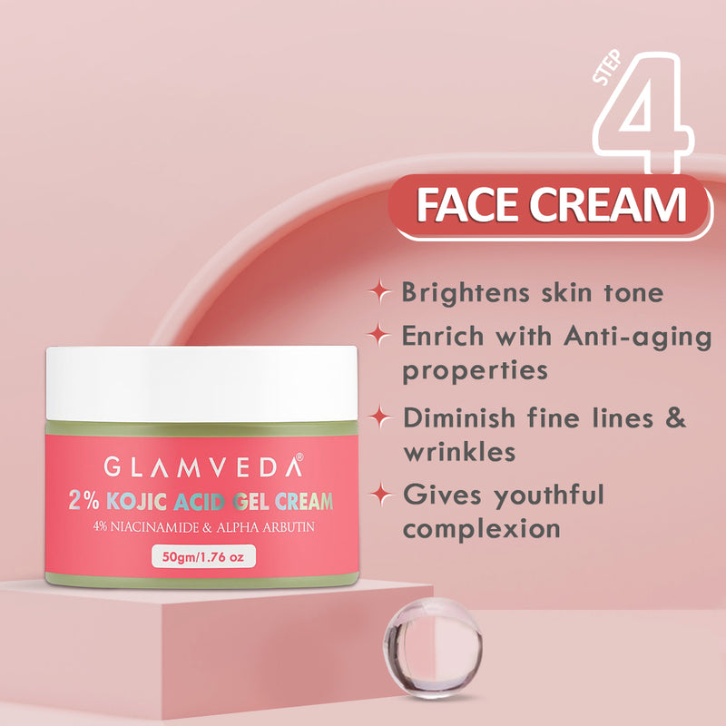 Glamveda 2% Kojic Acid 4-Step Skincare Set – Face Wash, Spot Corrector, Serum & Cream | Targets Dark Spots & Pigmentation | Brightens & Evens Skin Tone