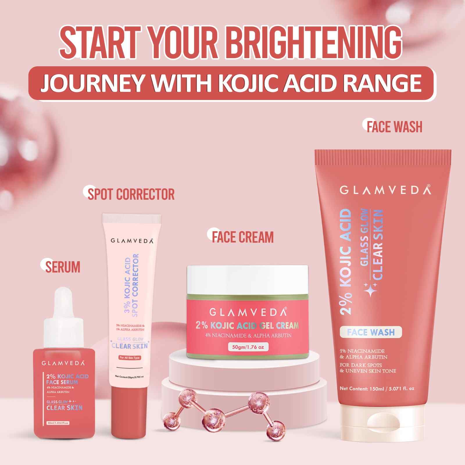 2% Kojic Acid Skincare Trio – Facewash, Spot Corrector & Cream for Dark Spot Removal, Pigmentation, Acne Marks & Uneven Tone