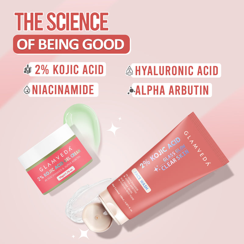 Glamveda 2% Kojic Acid Face Care Set – Brightening Face Wash & Cream Duo | Fades Dark Spots | Evens Skin Tone | Fights Acne & Boosts Radiance