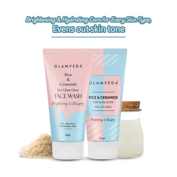 Glamveda Rice & Ceramide Combo | Skin Brightening & Anti Dullness | Improves skin barrier | Face Wash & Peel Off Mask Combo