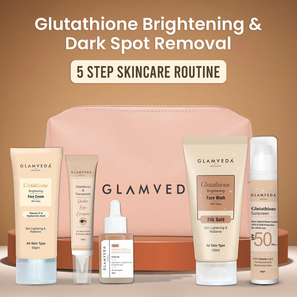 Glamveda Glutathione Skin Brightening and Lightening Combo | 5-Step Skincare Set For Glowing Skin |  ( Face Wash + Face Cream + Sunscreen + Serum + Under Eye Cream )