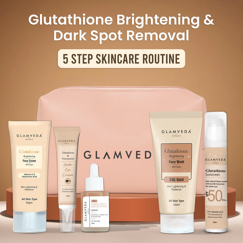 Glamveda Glutathione Skin Brightening and Lightening Combo | 5-Step Skincare Set For Glowing Skin |  ( Face Wash + Face Cream + Sunscreen + Serum + Under Eye Cream )