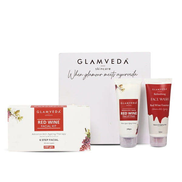 Glamveda Red Wine Advance Anti Ageing Combo Gift Box | Face wash, Facial Kit & Peel Off Mask