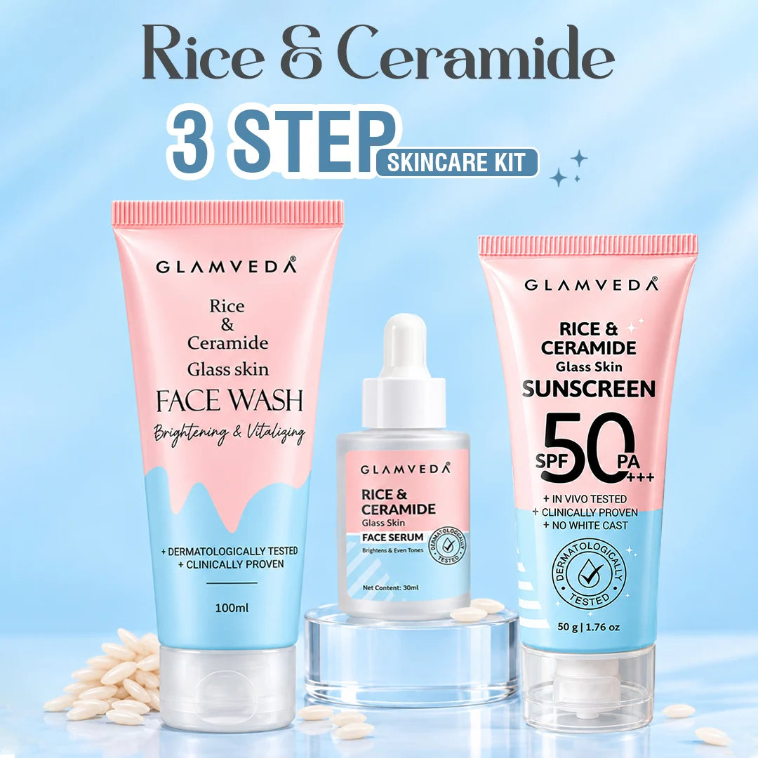 Korean Glass Skin Rice & Ceramide 3 Step Combo | Face Wash, Serum & Sunscreen