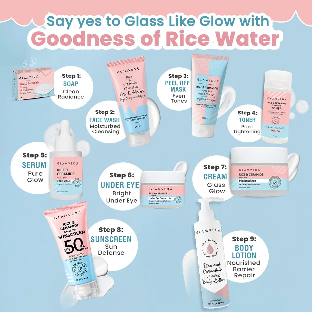Korean Glass Skin Rice & Ceramide 6 Step Gift Box | Face wash, Toner, Serum, Under eye cream, Moisturizer & Sunscreen