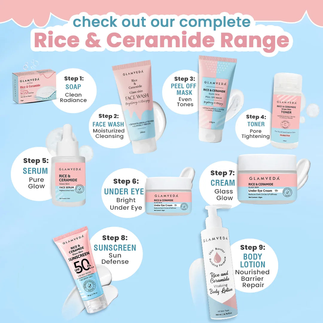 Korean Glass Skin Rice & Ceramide 3 Step Combo | Face Wash, Serum & Sunscreen