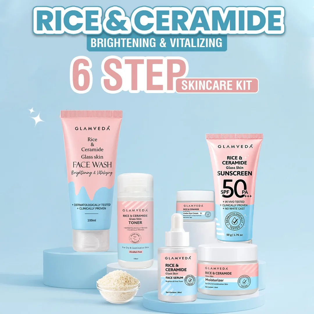 Korean Glass Skin Rice & Ceramide 6 Step Gift Box | Face wash, Toner, Serum, Under eye cream, Moisturizer & Sunscreen