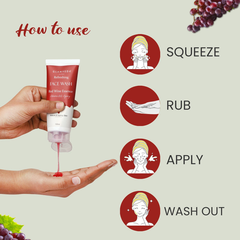 Glamveda Red Wine Advance Anti Ageing Face Wash How to apply 